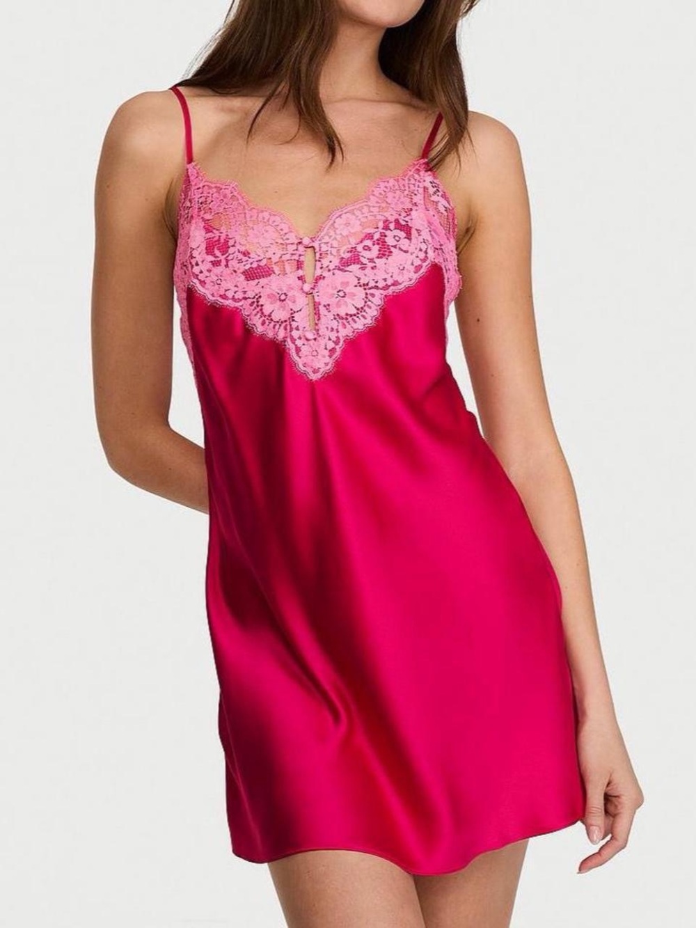Victoria's Secret Satin Lace-Trim Short Slip Dress in Vibrant Fuchsia. *NWT*